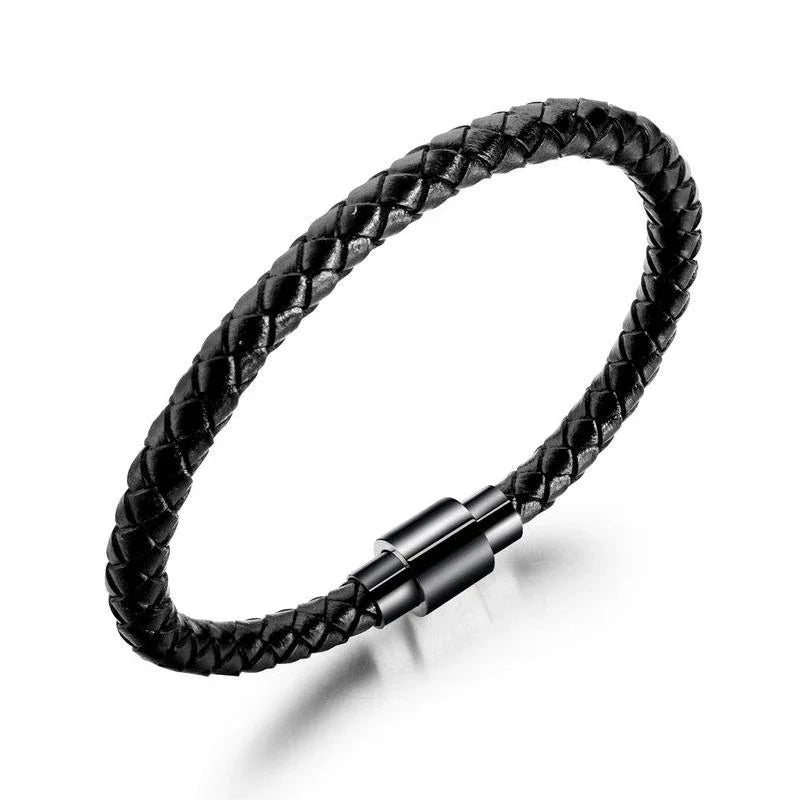 Bracelet en cuir noir et acier – Motif croix décorative