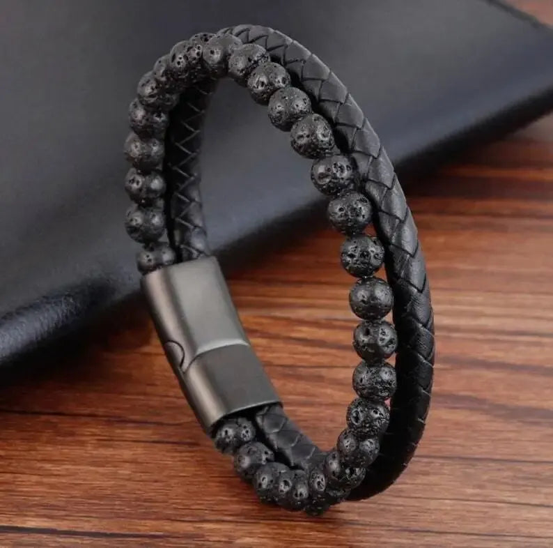 Pulsera de piedra natural: ojo de tigre, ónix y lava. Estilo unisex y equilibrado.