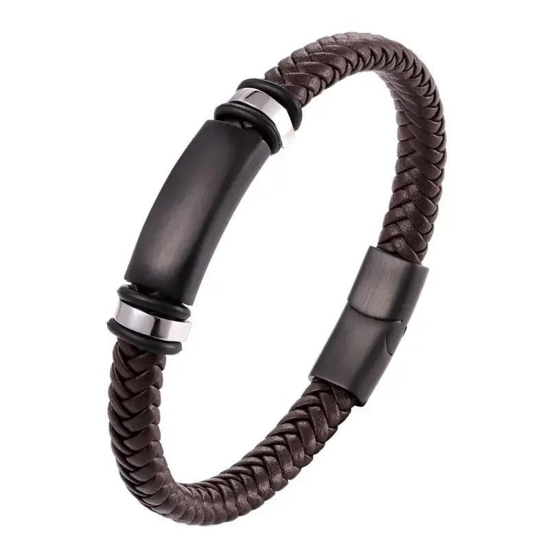 Bracelet en cuir noir et acier – Motif croix décorative