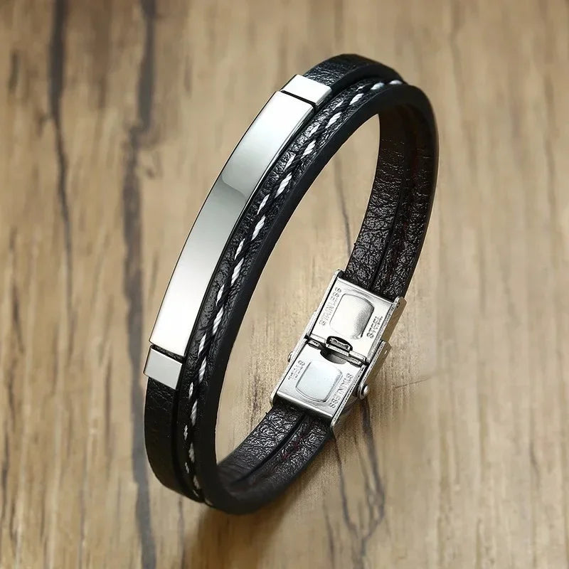 Bracelet Homme Cuir Tressé et Acier Élégance Contrastée