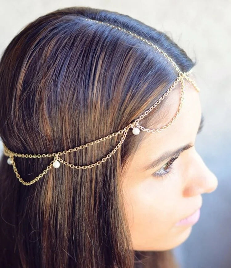 Cadena para la cabeza bohemia con cuentas doradas: joya para el cabello para mujer, para bodas, fiestas o festivales.