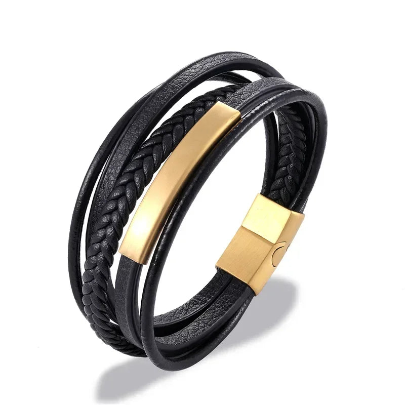 Bracelet en cuir noir et acier – Motif croix décorative