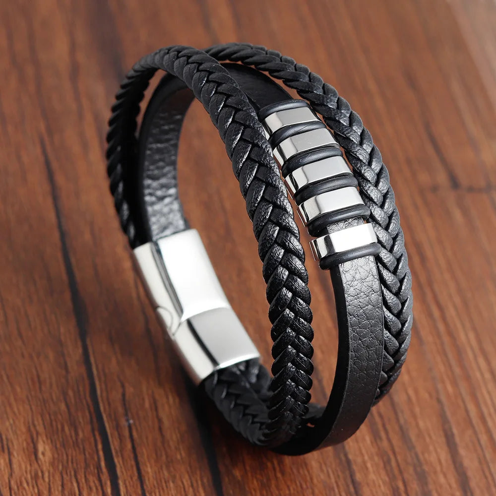 Bracelet Mixte en Cuir Véritable & Perles oeuil de Tigre, Fermoir Acier Inoxydable Magnétique