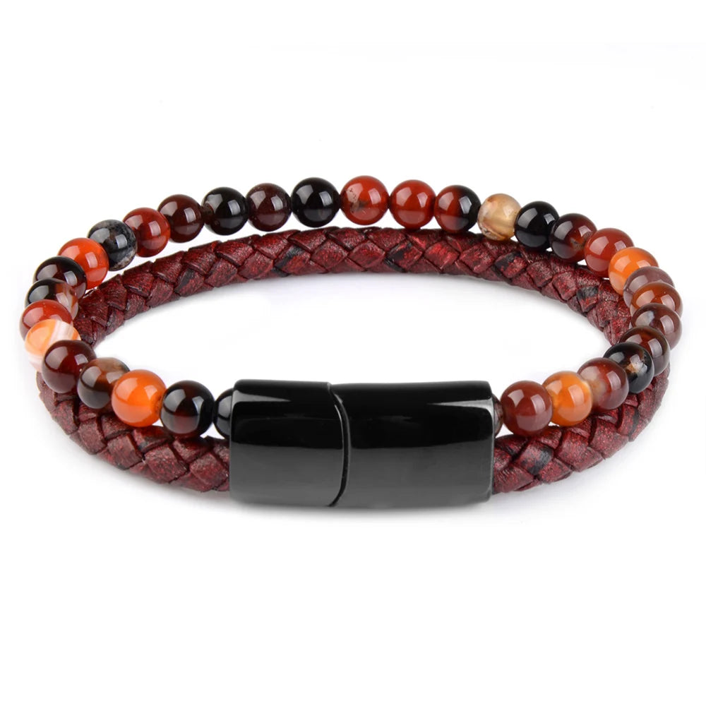 Pulsera de ojo de tigre para hombre: cuero auténtico y acero magnético negro