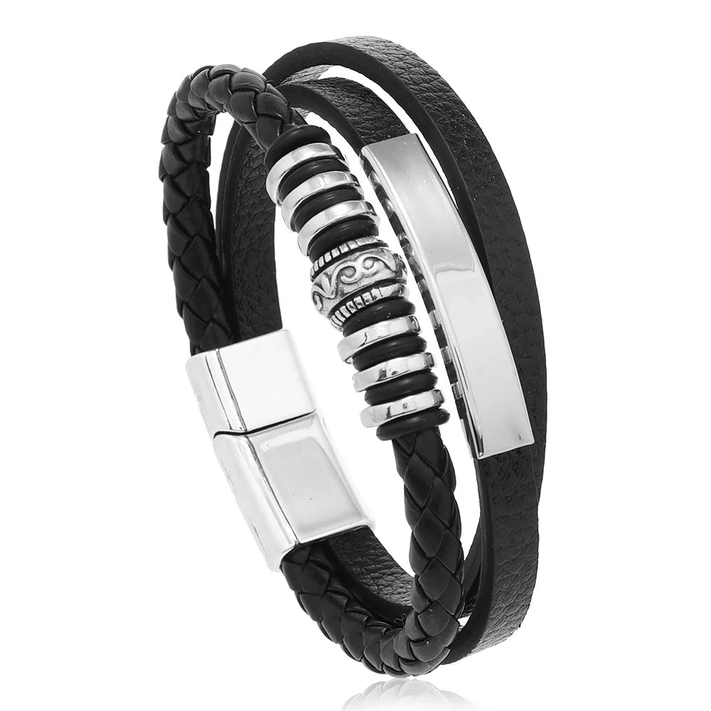 Pulsera trenzada de cuero y acero inoxidable para hombre – Multicapa – Elegante y moderna