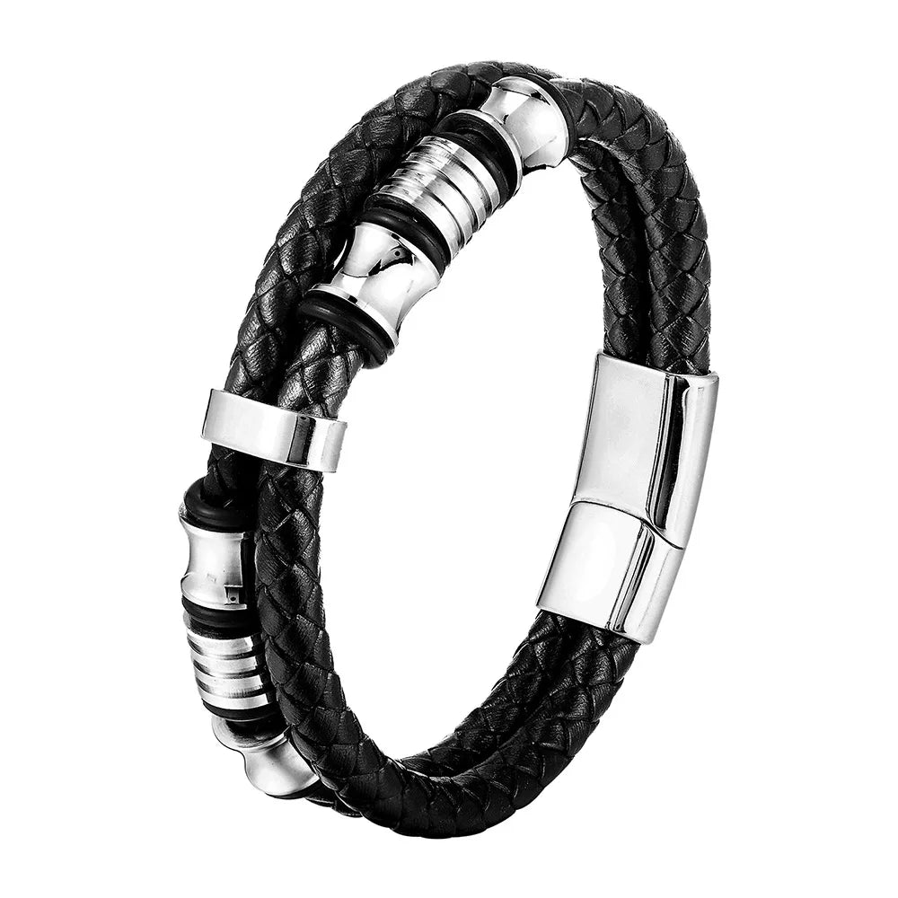 Bracelet Mixte en Cuir Véritable & Perles oeuil de Tigre, Fermoir Acier Inoxydable Magnétique