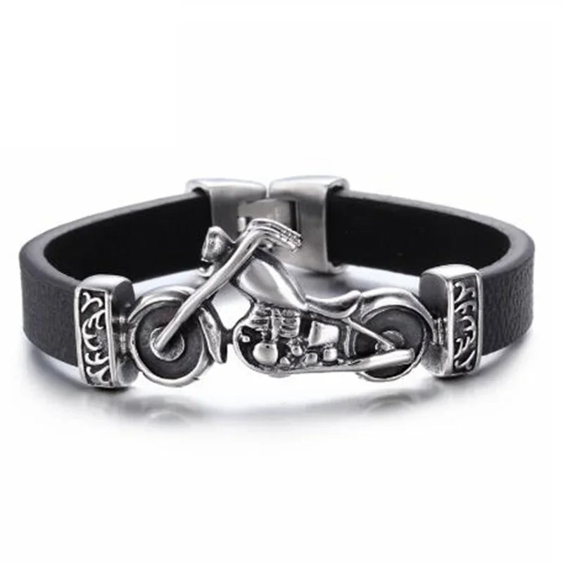 Bracelet en cuir noir et acier – Motif croix décorative