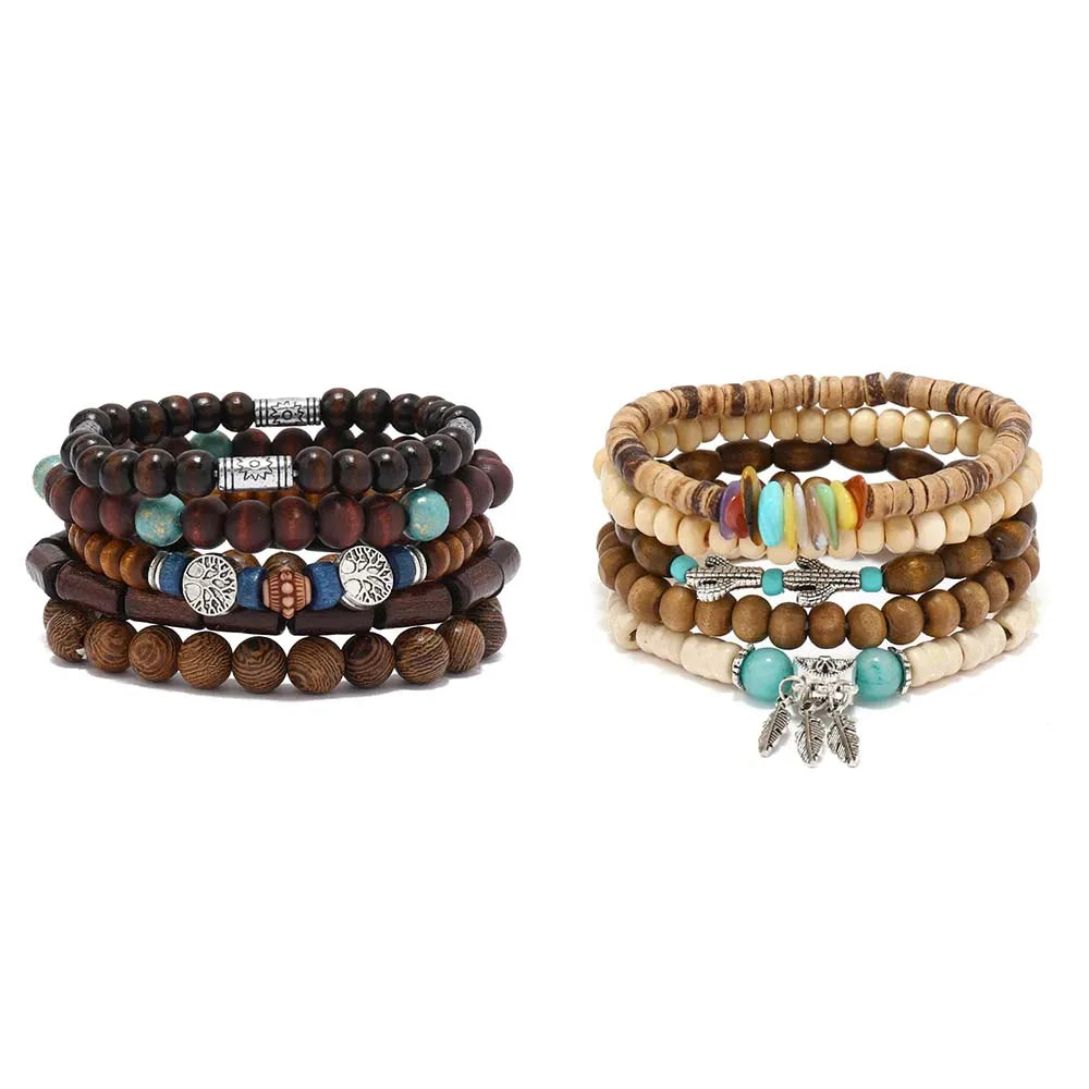 Bracelet Homme Bohème – Ensemble de Bracelets en Bois Naturel Tendance et Fait Main