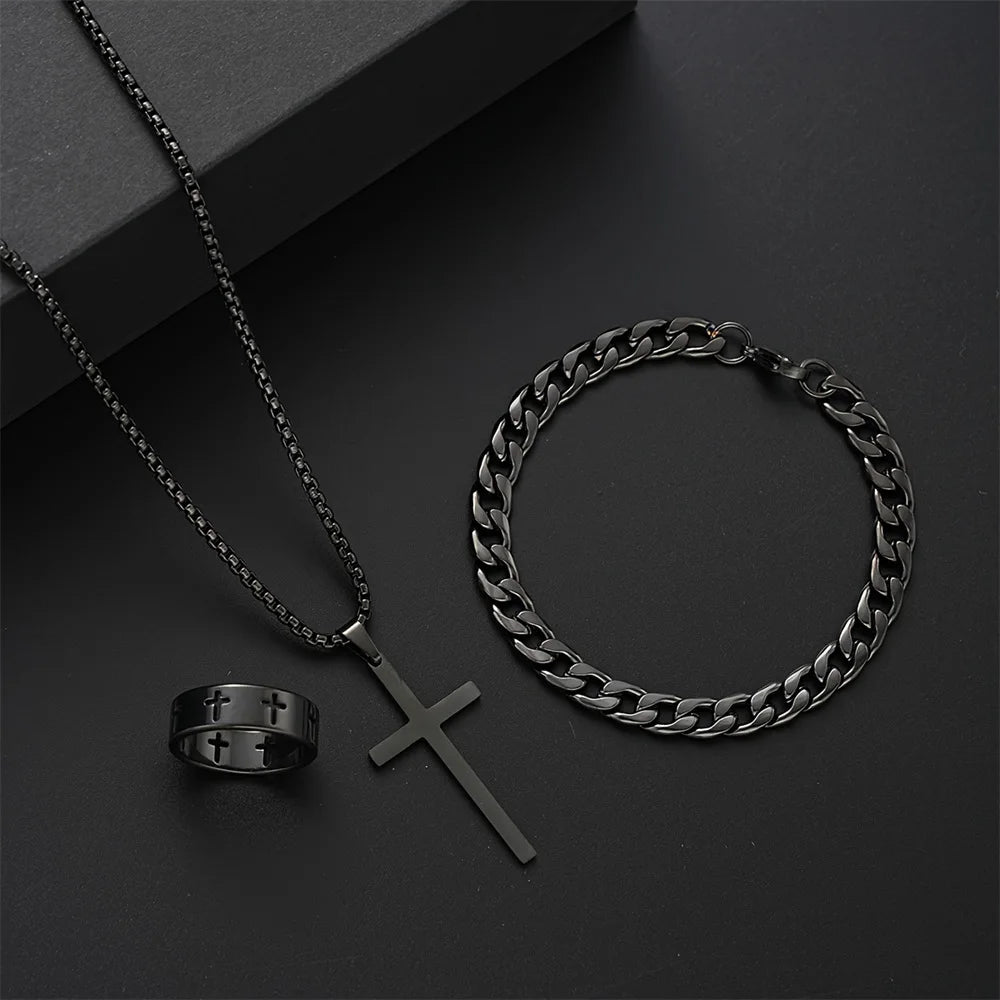 Conjunto 3 en 1 para hombre: collar, pulsera y anillo de acero inoxidable con cruz