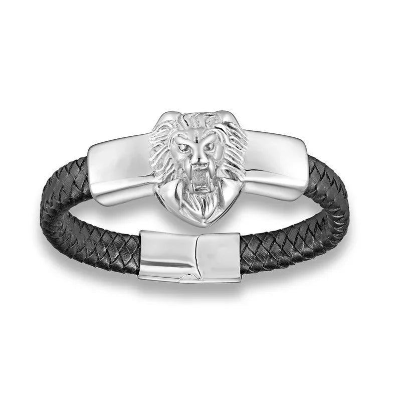 Bracelet en cuir noir et acier – Motif croix décorative