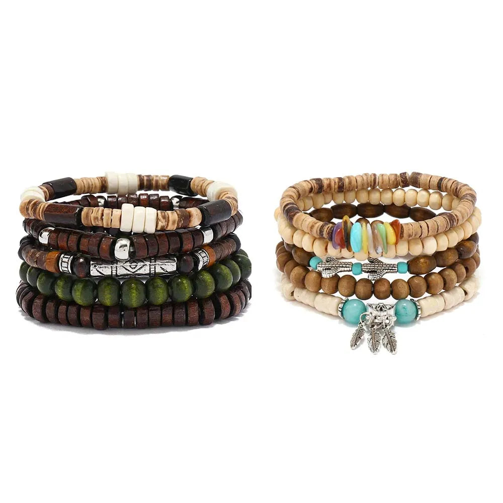 Bracelet Homme Bohème – Ensemble de Bracelets en Bois Naturel Tendance et Fait Main