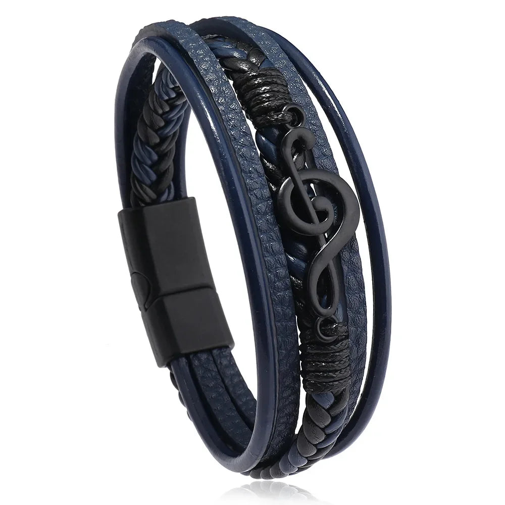 Bracelet homme multicouche en cuir avec fermoir magnétique et symbole musical – Héritage Chic