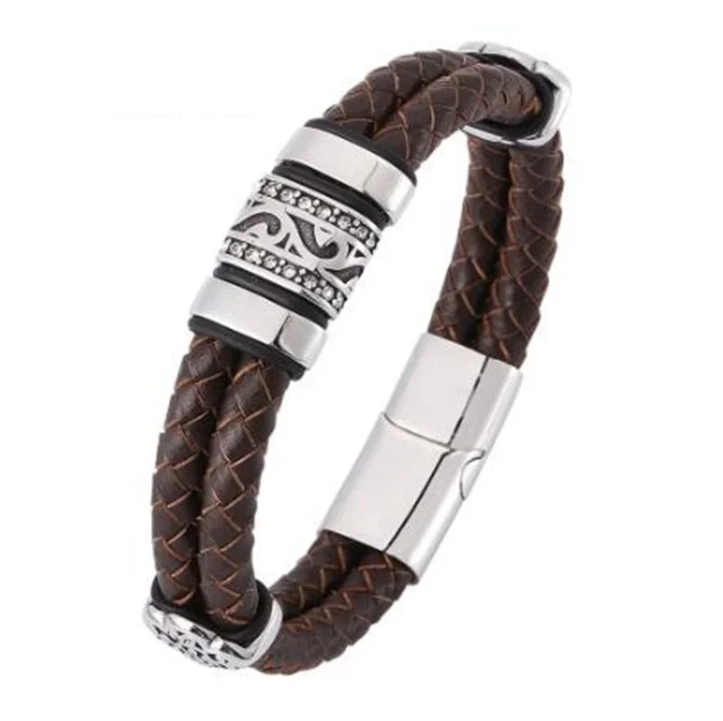 Bracelet en cuir noir et acier – Motif croix décorative