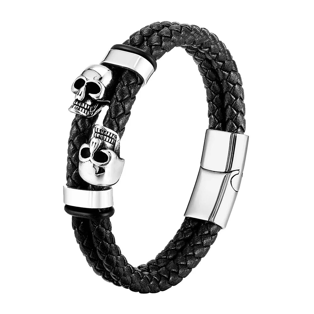 Bracelet Cuir Noir Tressé Homme et Style Punk à Fermoir Magnétique en Acier Inoxydable