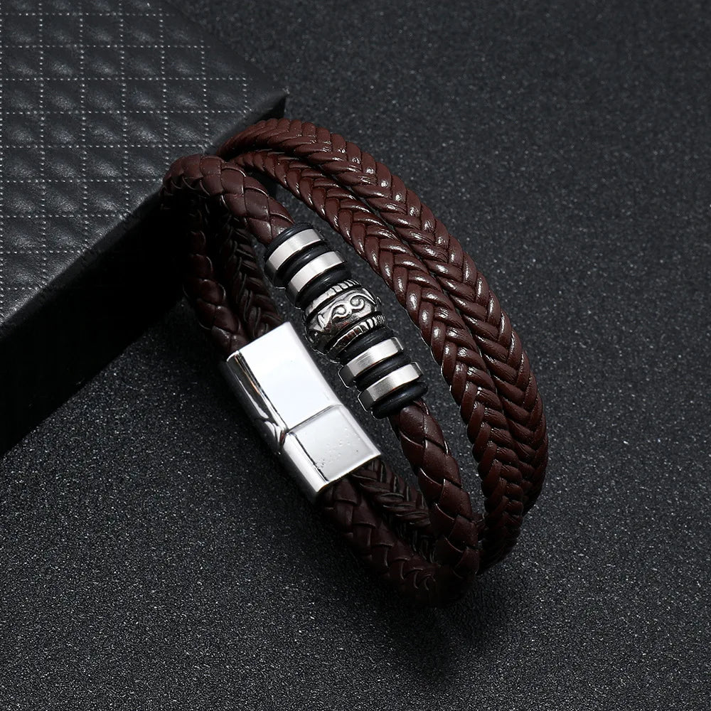 Pulsera trenzada de cuero y acero inoxidable para hombre – Multicapa – Elegante y moderna