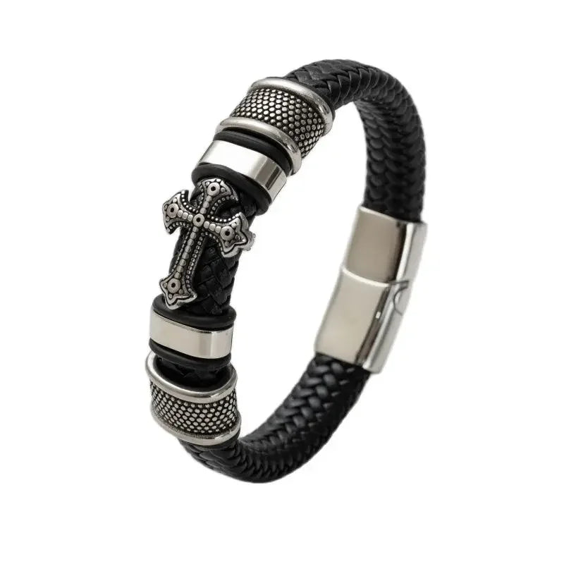 Bracelet en cuir noir et acier – Motif croix décorative
