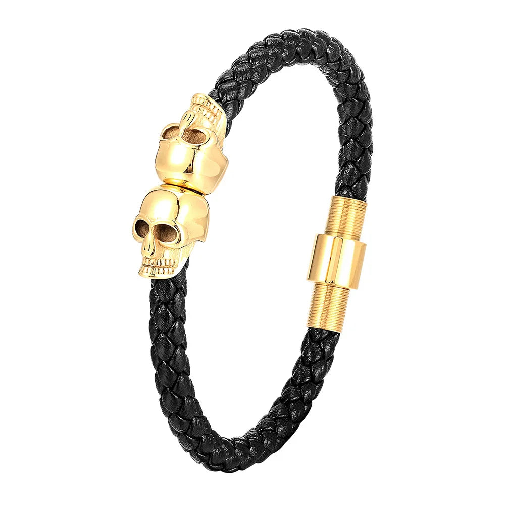 Bracelet Cuir Noir Tressé Homme et Style Punk à Fermoir Magnétique en Acier Inoxydable