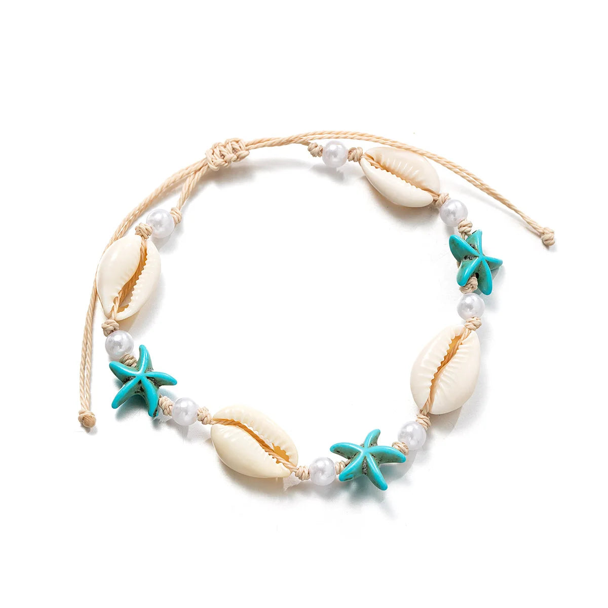 Bracelet de Cheville Coquillage Naturel, Style Bohème Été, Perles Résine et Étoiles de Mer