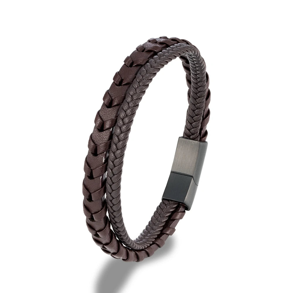 Bracelet Homme Cuir Tressé Noir et Fermoir Acier Inoxydable Magnétique et Élégance Discrète
