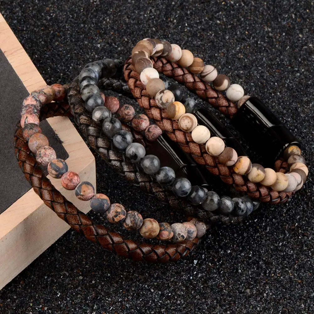 Pulsera de ojo de tigre para hombre: cuero auténtico y acero magnético negro