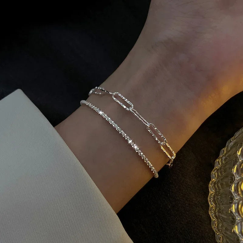 Bracelet Femme Argenté 925 – Double Chaîne Brillante Ajustable Style Coréen