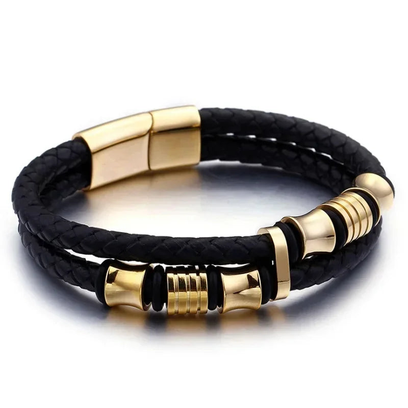 Bracelet en cuir noir et acier – Motif croix décorative