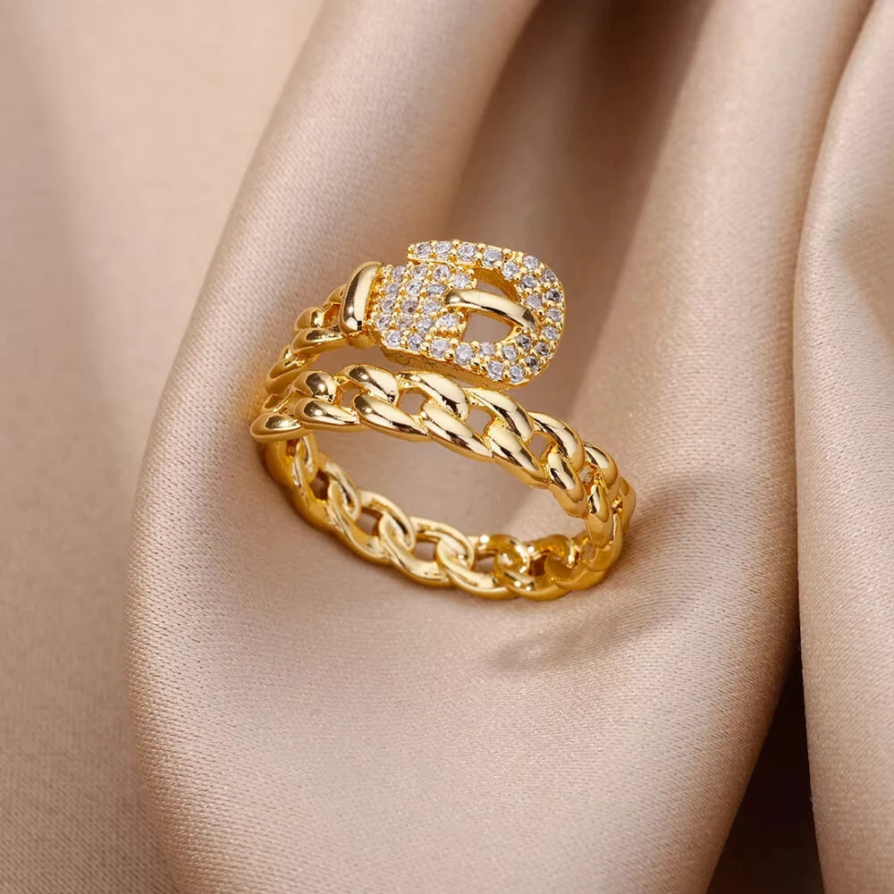Bague œil Protecteur – Acier Inoxydable Doré, Ajustable, Design Géométrique avec Zircone