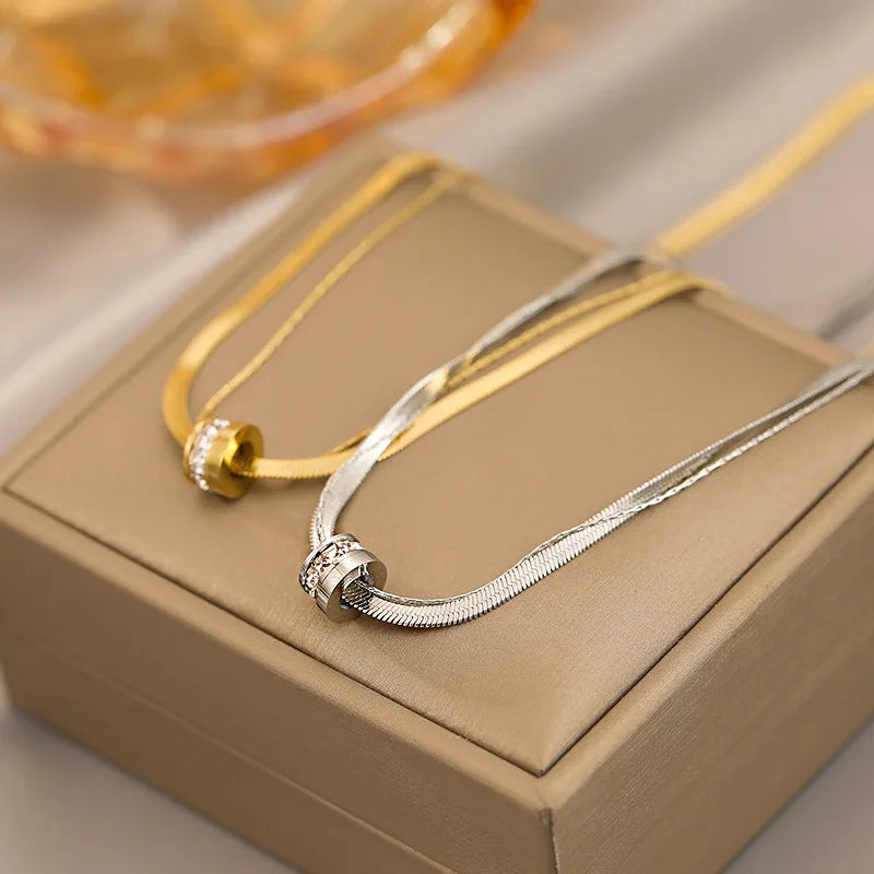 Collar de acero inoxidable de doble hilera: elegante colgante de cristal para mujer, elegante cadena de clavícula.