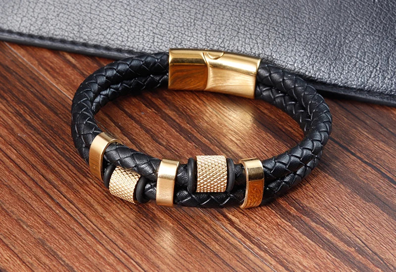 Bracelet Mixte en Cuir Véritable & Perles oeuil de Tigre, Fermoir Acier Inoxydable Magnétique