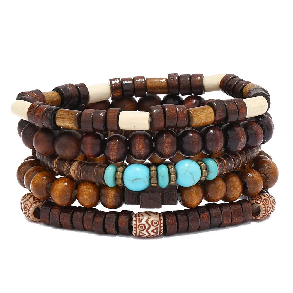 Bracelet Homme Bohème – Ensemble de Bracelets en Bois Naturel Tendance et Fait Main