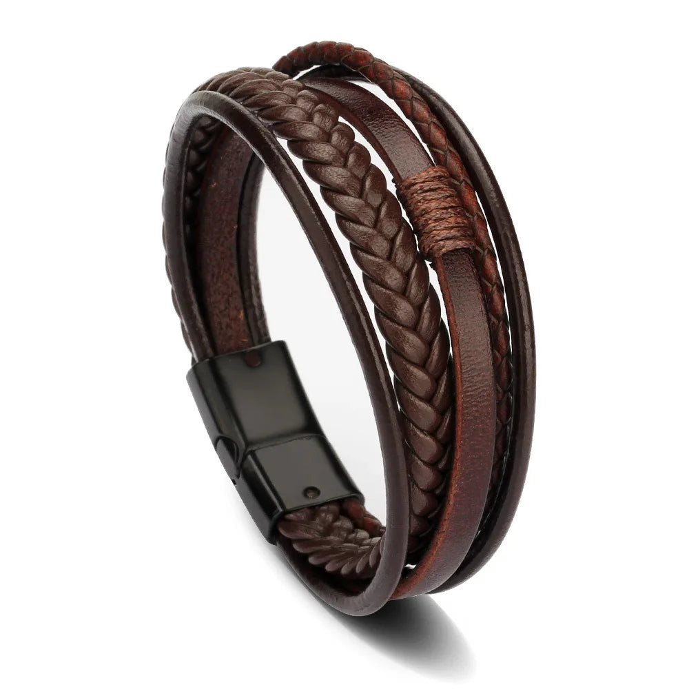 Pulsera trenzada de cuero y acero inoxidable para hombre – Multicapa – Elegante y moderna