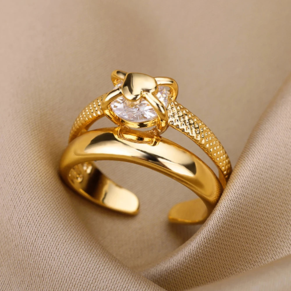 Bague œil Protecteur – Acier Inoxydable Doré, Ajustable, Design Géométrique avec Zircone