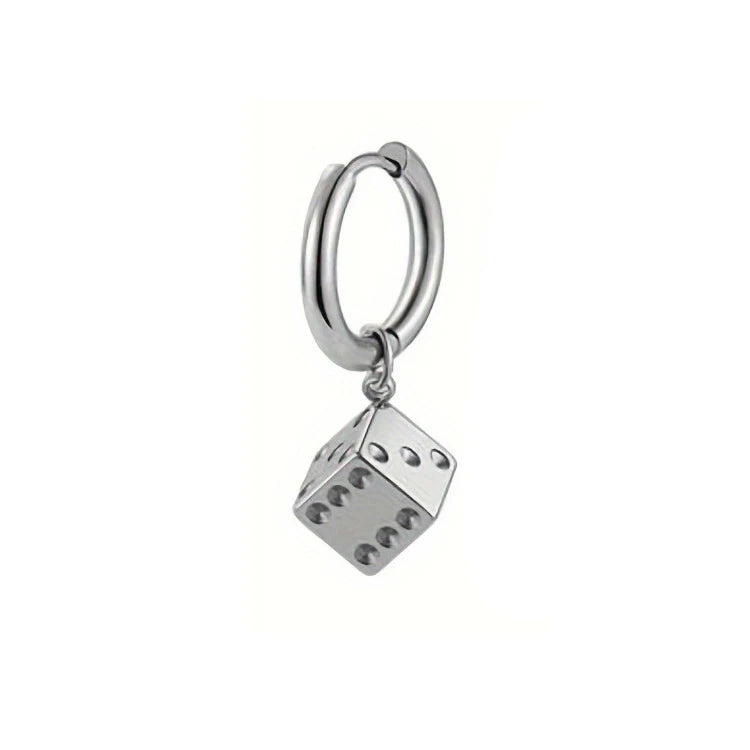 Men's Dice Earring - Silver Stainless Steel, Trendy Style