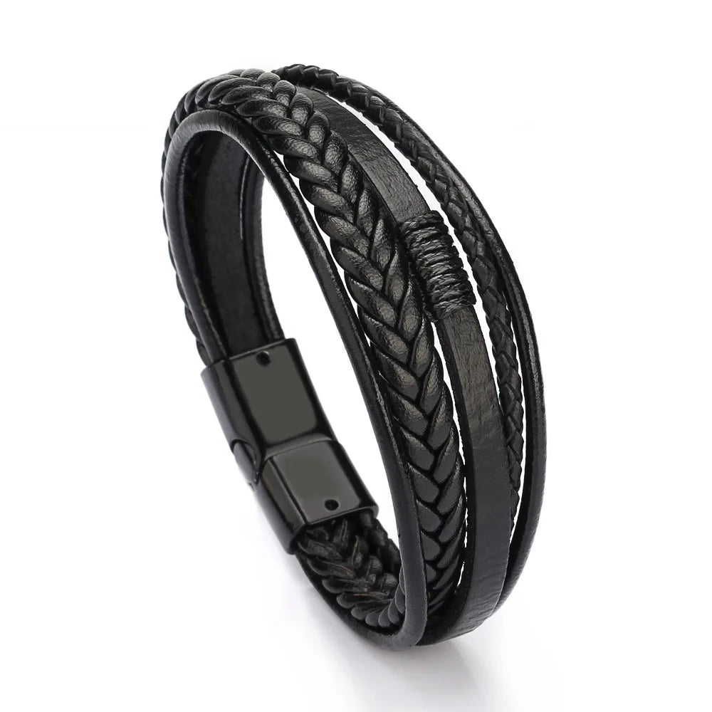 Pulsera trenzada de cuero y acero inoxidable para hombre – Multicapa – Elegante y moderna