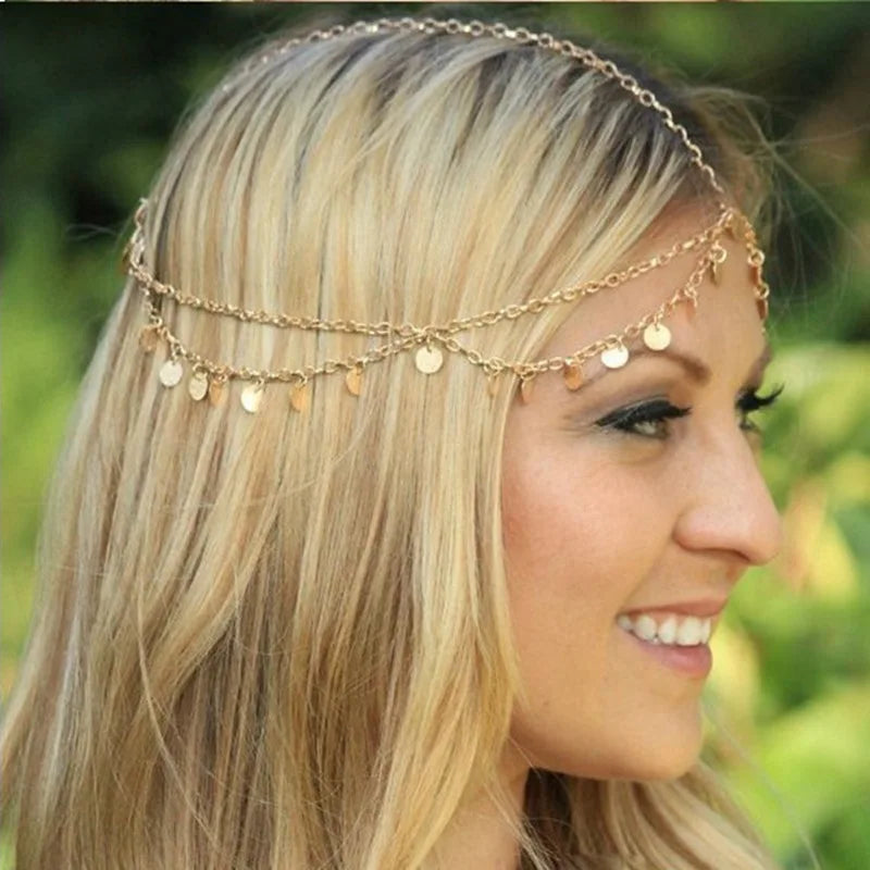 Cadena para la cabeza bohemia con cuentas doradas: joya para el cabello para mujer, para bodas, fiestas o festivales.