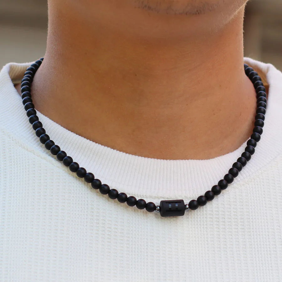Collar de ónix negro para hombre con 12 constelaciones y cierre de acero