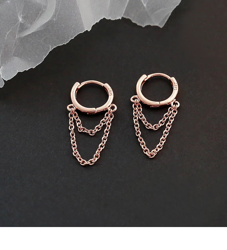Boucles d’Oreilles Anneaux Argent 925 à Doubles Chaînes – Style Moderne et Minimaliste