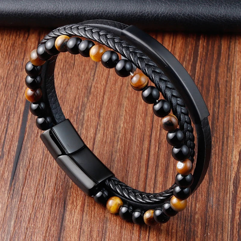 Bracelet Mixte en Cuir Véritable & Perles oeuil de Tigre, Fermoir Acier Inoxydable Magnétique