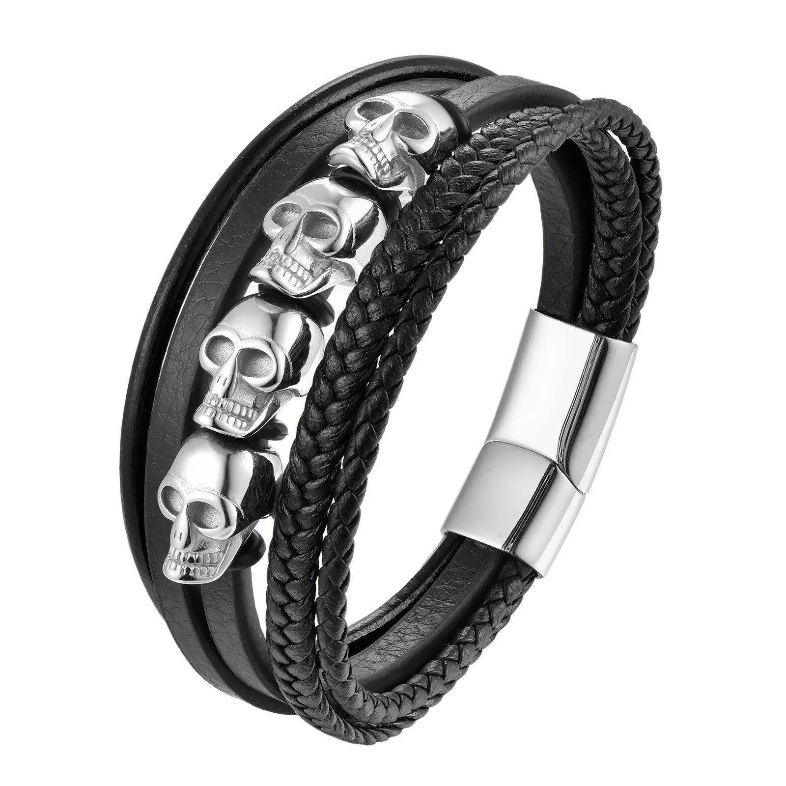 Bracelet Cuir Noir Tressé Homme et Style Punk à Fermoir Magnétique en Acier Inoxydable