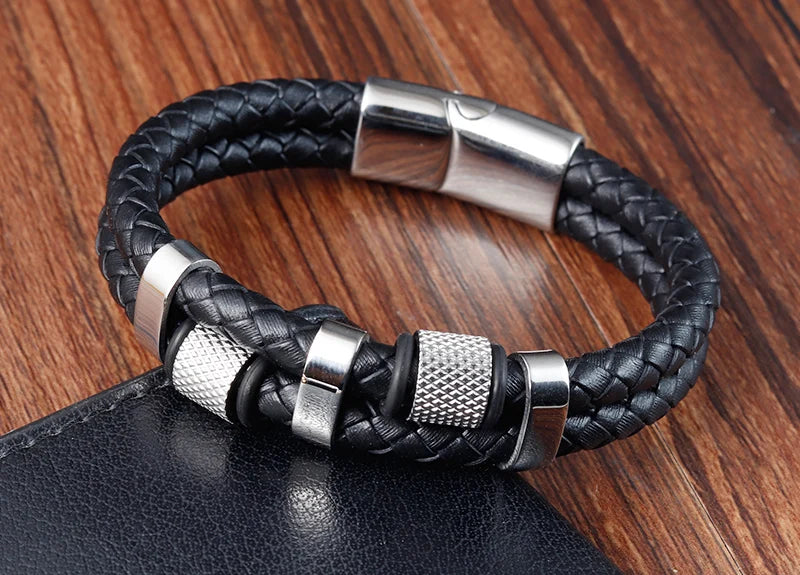Bracelet Mixte en Cuir Véritable & Perles oeuil de Tigre, Fermoir Acier Inoxydable Magnétique