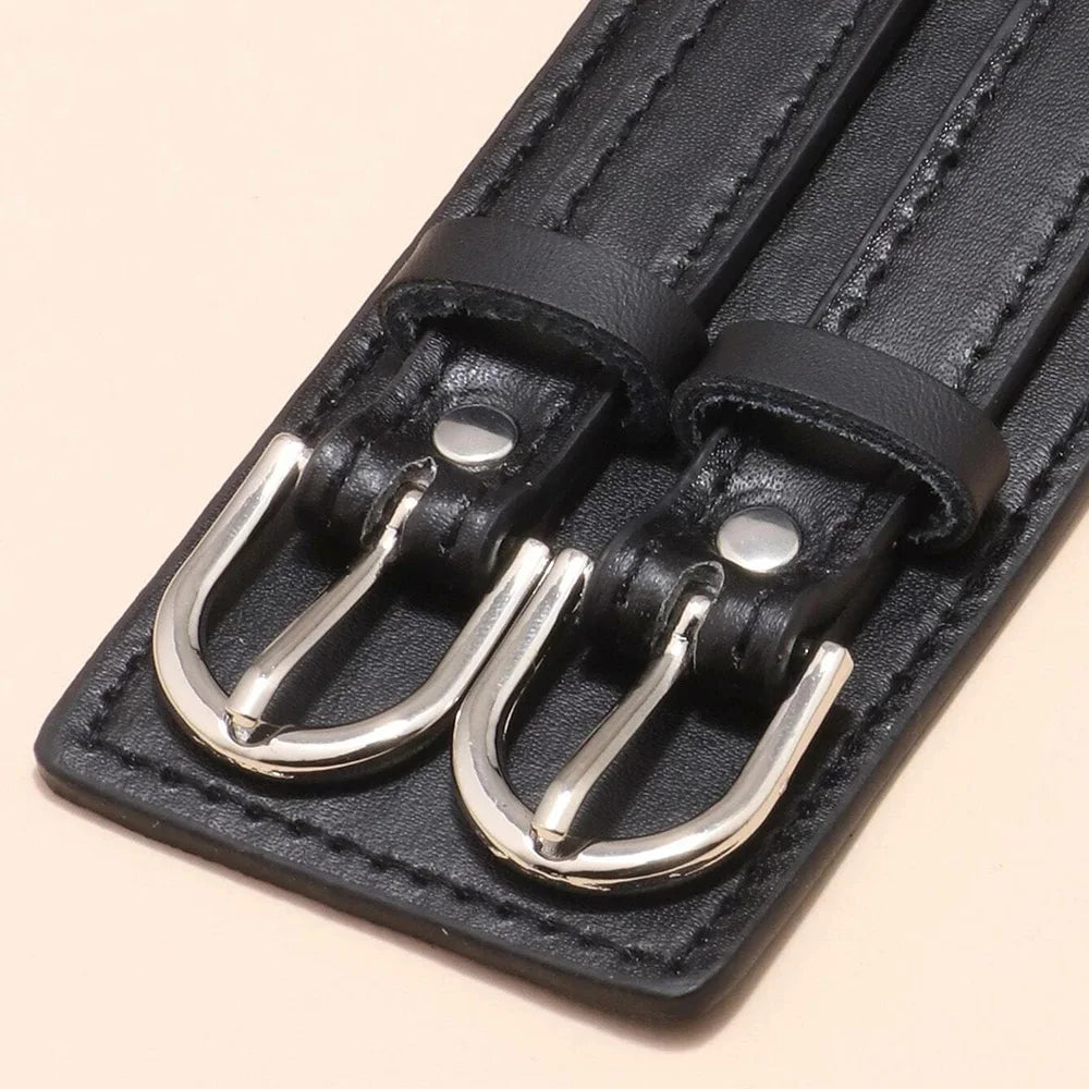 Pulsera ancha de cuero genuino para hombre, estilo punk, ajustable con doble hebilla.