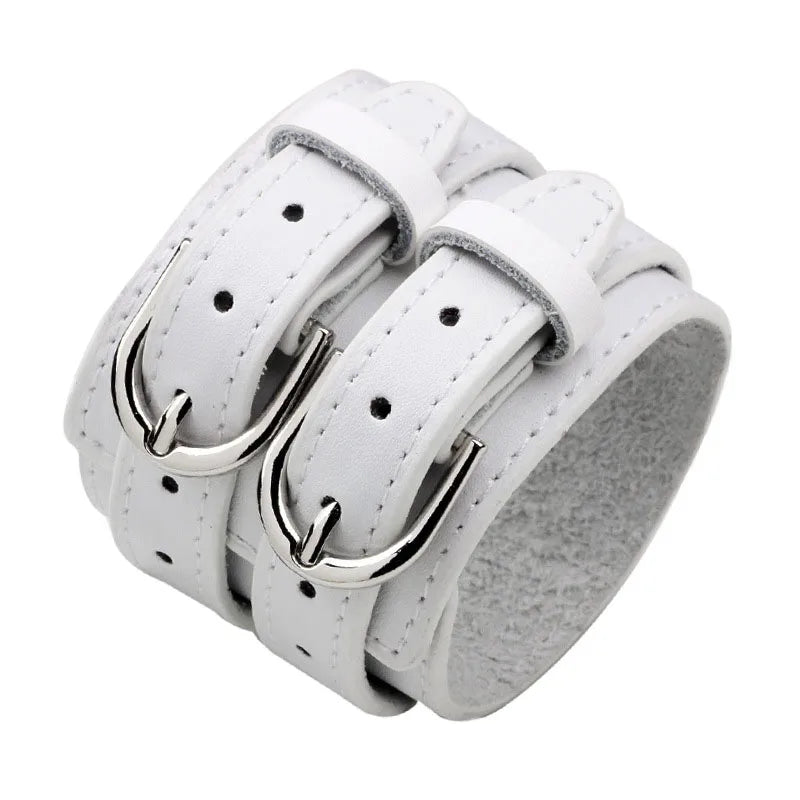 Pulsera ancha de cuero genuino para hombre, estilo punk, ajustable con doble hebilla.