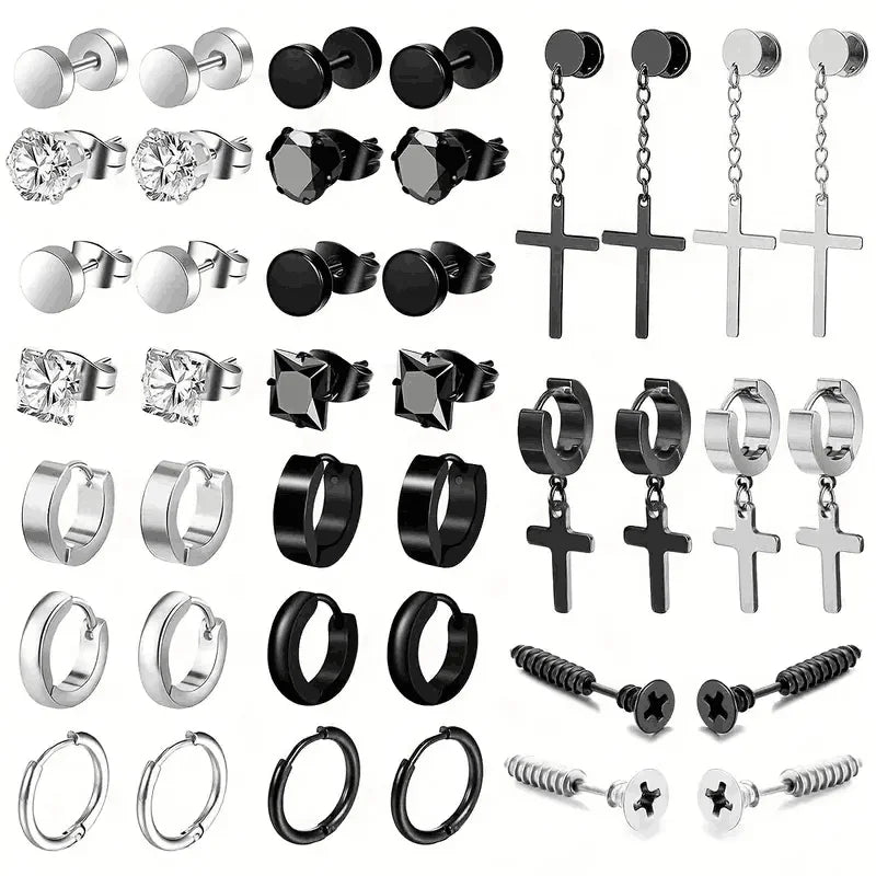 Pendientes para hombre - Acero inoxidable, cruz y circonita, varios estilos