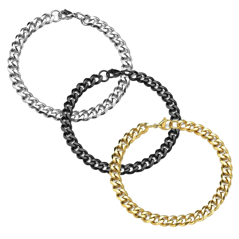 Pulsera de cadena cubana de acero inoxidable - Unisex, dorada, plateada y negra