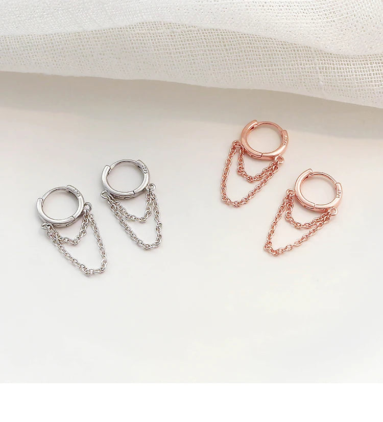 Boucles d’Oreilles Anneaux Argent 925 à Doubles Chaînes – Style Moderne et Minimaliste