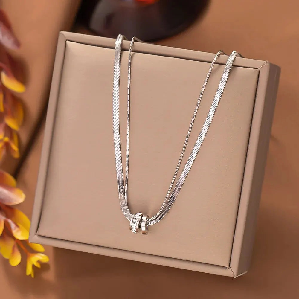 Collar de acero inoxidable de doble hilera: elegante colgante de cristal para mujer, elegante cadena de clavícula.