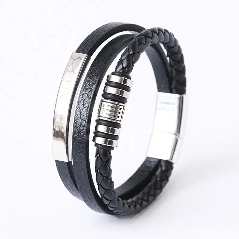 Pulsera trenzada de cuero y acero inoxidable para hombre – Multicapa – Elegante y moderna