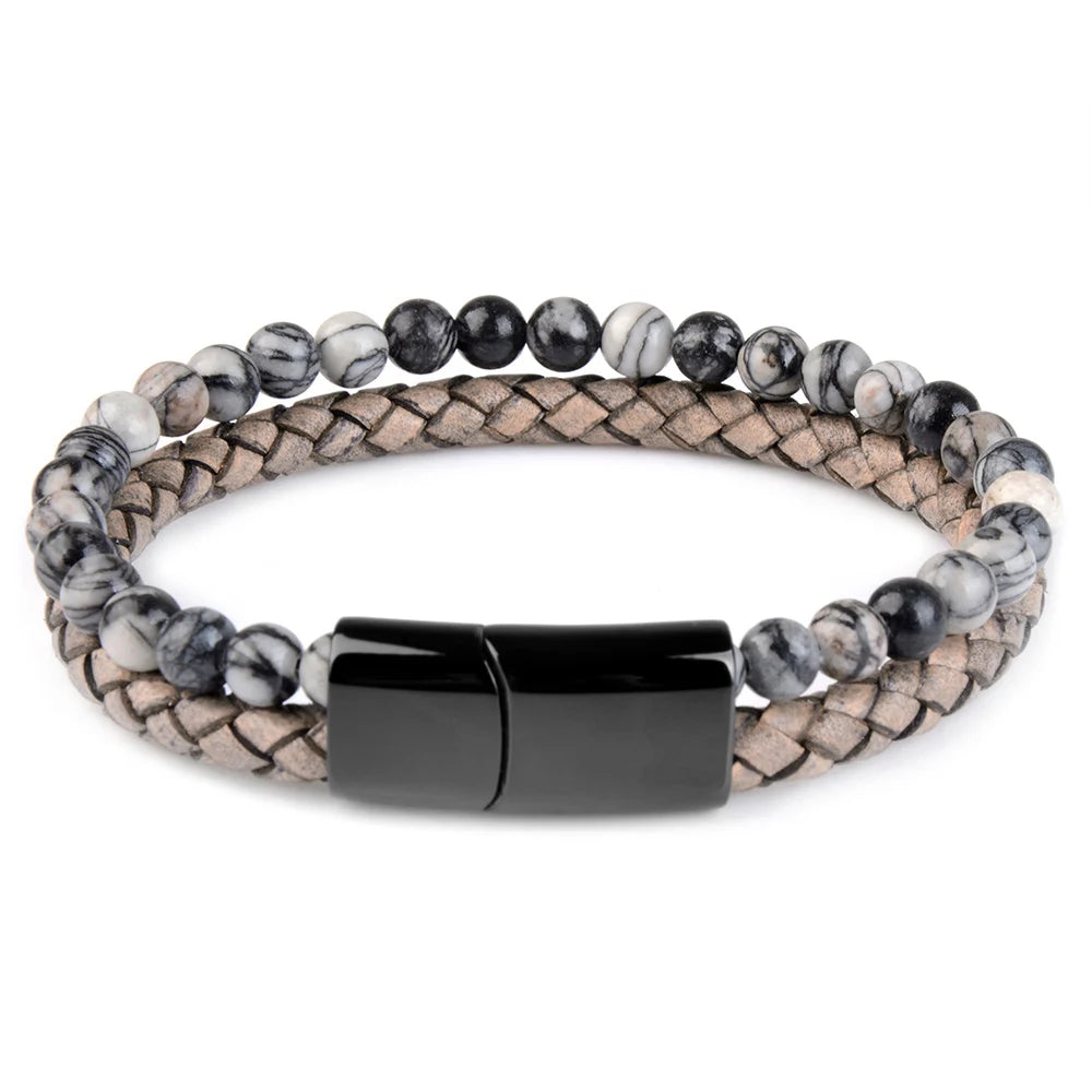 Pulsera de ojo de tigre para hombre: cuero auténtico y acero magnético negro
