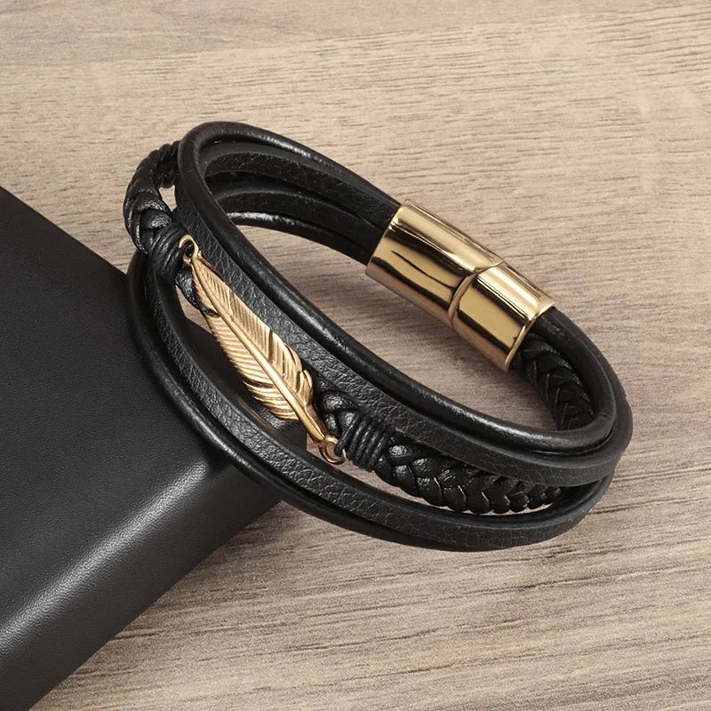 Bracelet en cuir noir et acier – Motif croix décorative