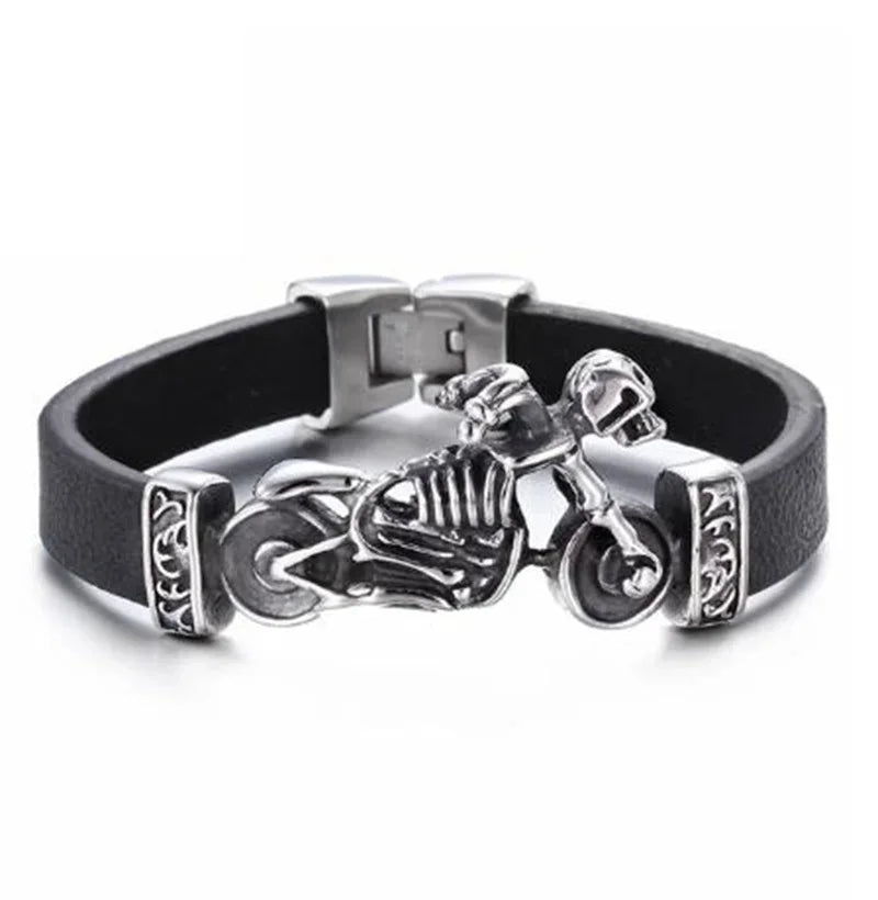 Bracelet en cuir noir et acier – Motif croix décorative